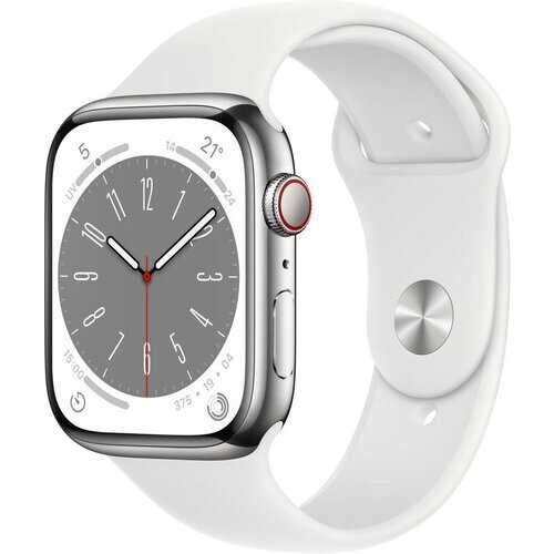 Apple Watch Series 8 (2022) GPS + Cellular 45 mm - Acier inoxydable Argent - Bracelet sport Blanc